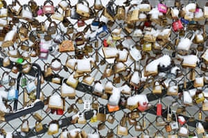 Paris snow: Padlocks on the Pont des Arts bridge