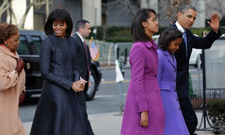 The first sighting of the Obamas today as President Barack Obama walks with his daughters Sasha and Malia, first lady Michelle Obama and mother-in-law Marian Robinson, to St. John's Church in Washington.