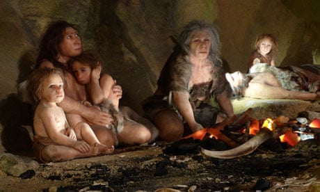An exhibit shows the life of a neanderthal family in the Neanderthal Museum in Krapina, Croatia