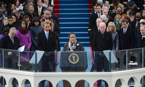 Civil rights activist Myrlie Evers-Williams (C) speaks before Barack Obama is ceremonially sworn.
