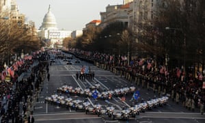 The 57th Presidential Inaugural Parade rolls down Pennsylvania Avenue from Capitol Hill.