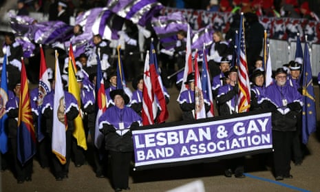The Lesbian And Gay Band Association march as the presidential inaugural parade winds through the nation's capital in Washington, DC.