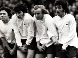 From left, Steve Perryman, Cyril Knowles, Phil Beal and Roger Morgan line up in the Spurs wall for a Leeds free-kick, in their January 1972 clash.