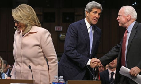 John Kerry with John McCain and Hillary Clinton at the confirmation hearing, 2013