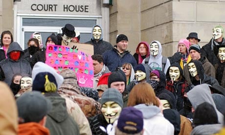 Activists from Anonymous rally at the Jefferson County Courthouse in Steubenville, Ohio