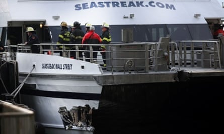 A gash in the Seastreak ferry is viewed following a ferry accident during rush hour in Lower Manhattan at Pier 11 in New York.