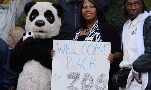 Employees at the Smithsonian National Zoological Park welcome back visitors with signs and a panda costume
