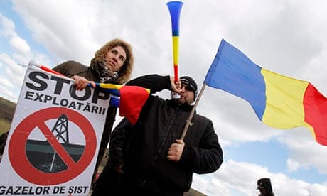 Activists protesting against Chevron's plan to drill for shale gas in Pungesti, Romania