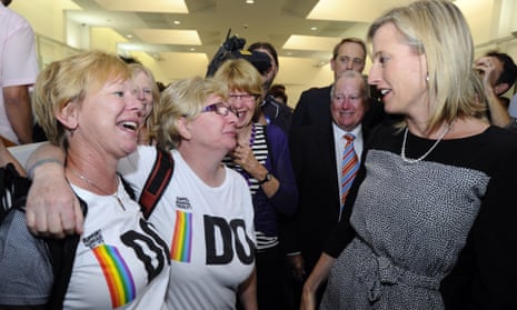 The ACT chief minister, Katy Gallagher, speaks to marriage equality supporters after the debate.