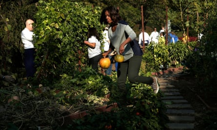 Michelle Obama carries just-harvested pumpkins while joining school children to harvest fruits and vegetable from the White House Kitchen Garden.
