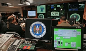 A computer workstation showing the National Security Agency (NSA) logo inside the Threat Operations Center in the Washington suburb of Fort Meade, Maryland.