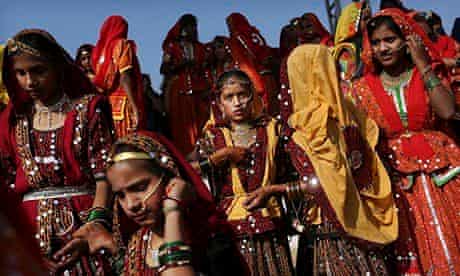 Indian girls dressed in traditional attire in Pushkar, Rajasthan, India