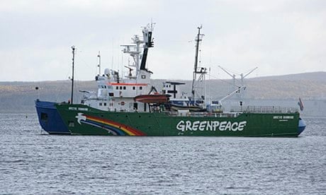 Greenpeace's ship, Arctic Sunrise, being towed into the Russian port of Murmansk.