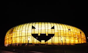 The huge pumpkin face is displayed on the elevation of PGE Arena stadium on Halloween in Gdansk, Poland