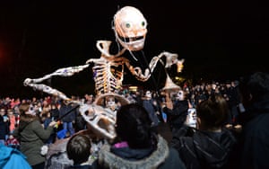 Skeleton lantern at Halloween parade in Liverpool