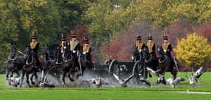 The King's Troop Royal Horse Artillery arrive in Hyde Park to fire a 41 gun salute to mark the 65th birthday of the Prince of Wales.