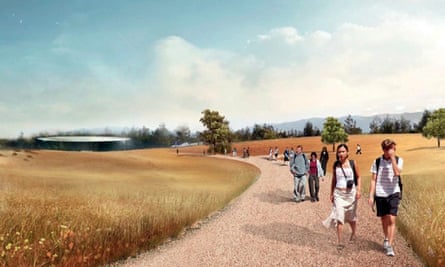 Arcadian bliss? … Apple apostles walk back from the circular conference temple.