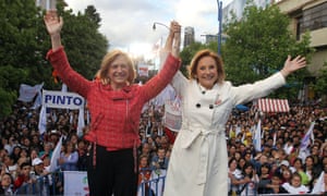 Chilean presidential candidate of the Alliance for Chile party, Evelyn Matthei, left, with Chile's first lady Cecilia Morel, during Matthei's campaign closure event in Chillan, Chile yesterday evening. 