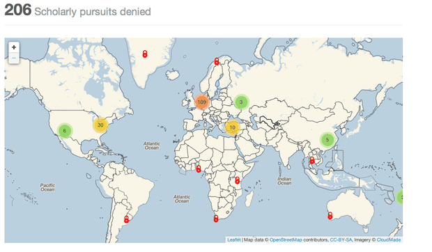 Map of worldwide encounters with paywalls