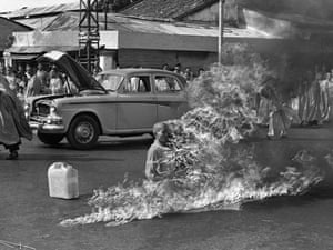 Quang Duc, a Buddhist monk, burns himself to death on a Saigon street June 11, 1963 to protest alleged persecution of Buddhists by the South Vietnamese government.
