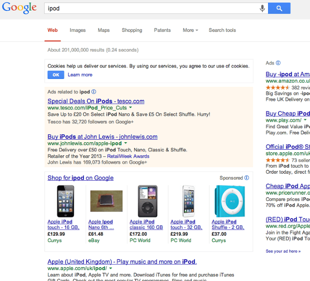 result of search for 'iPod' in Google UK, November 2013
