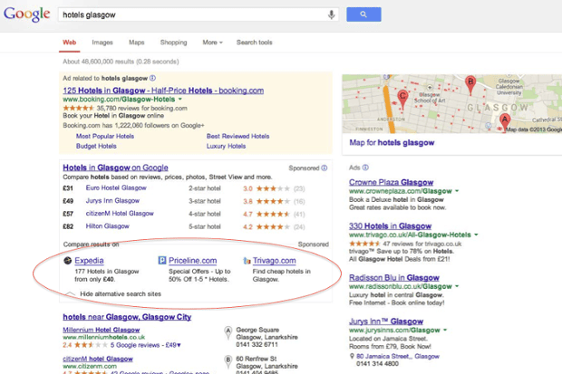 Google proposal for searching on hotels in Glasgow, October 2013