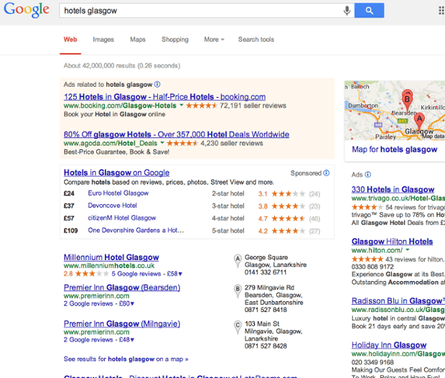 Current Google results of search for hotels in Glasgow