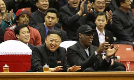 Kim Jong-un and Dennis Rodman watch a basketball game in Pyongyang