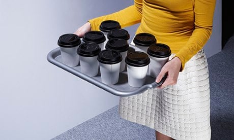 A woman carrying a tray of tea