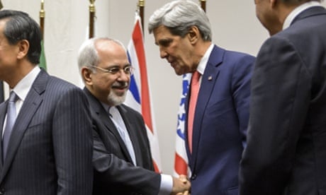 Iranian foreign minister Mohammad Javad Zarif shakes hands with US secretary of state John Kerry  after the deal
