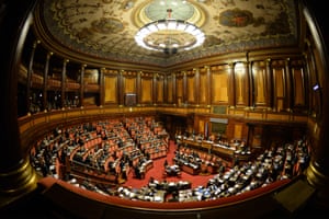 A wide angle lends view shows the Italian Senate in Rome on the eve of the vote to expel Silvio Berlusconi.