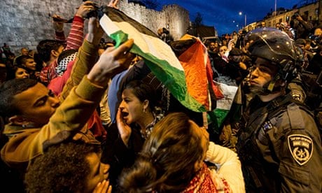 Protesters shout slogans in front of Herod's Gate, Jerusalem, in support of Bedouin Arabs