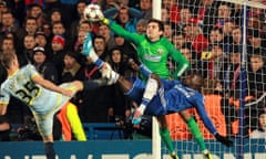 Chelsea's Demba Ba has an overhead shot stopped by Steaua keeper Ciprian Tatarusanu.