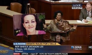 Rep. Sheila Jackson Lee calls for the extension of unemployment benefits. She displayed a picture of a constituent she said would lose her unemployment insurance, in a screen grab from C-SPAN.