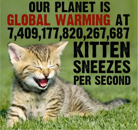 When accounting for all heat accumulating in the climate system, global warming is proceeding at 7.4 quadrillion kitten sneezes per second.  Image created by John Cook at Skeptical Science.