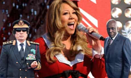 Mariah Carey with backing band Muammar Gaddafi and Jose Eduardo dos Santos.