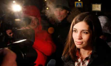 Pussy Riot member Nadezhda Tolokonnikova speaks to the media after she was released from prison