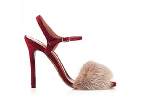 Party shoes: Party sandals - red high heel sandals with peach fur by L'autre Chose