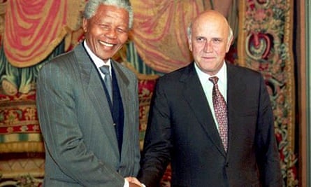 Nelson Mandela shakes hands with then South African president FW de Klerk in 1993