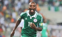 Nigeria's forward Sunday Mba celebrates after scoring the opening goal against Burkina Faso.