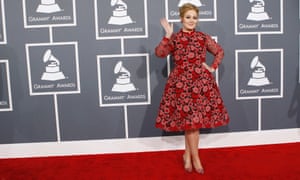 Singer Adele poses as she arrives at the 55th annual Grammy Awards in Los Angeles.