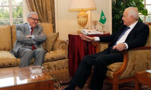 Arab League secretary general Nabil al-Araby met with UN-Arab League international Syria mediator Lakhdar Brahimi at the Arab League headquarters in Cairo on Sunday.