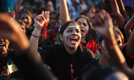 Indian women shout slogans during an event to support the One Billion Rising global campaign in Hyderabad, India. The One Billion Rising is a movement to end violence against women and girls.