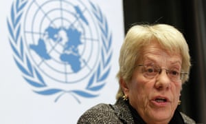 Carla del Ponte addresses a news conference at the United Nations European headquarters in Geneva on 18 February 2013.