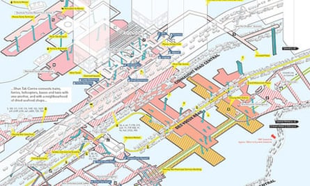 A map shows the interconnecting levels of the Shun Tak Centre and Sheung Wan – a hub that connects trains, ferries, helicopters, buses and taxis, alongside a neighbourhood of dried seafood shops