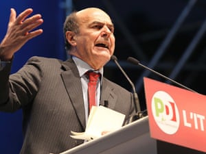 Center-left coalition candidate premier Pier Luigi Bersani gestures during a rally in Naples, Italy , Thursday, Feb. 21, 2013