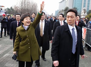 South Korea's new President Park Geun-hye waves as she leaves after her inauguration at parliament in Seoul. Elected in December, Park is believed to be the first Korean woman to rule in a millennium.