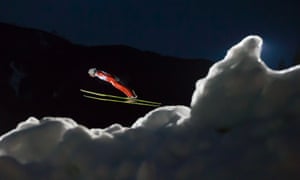 Simon Ammann of Switzerland in action during a training session for the men's Large Hill Ski Jumping competition at the FIS Nordic Skiing World Championships 2013 in Predazzo, Italy.