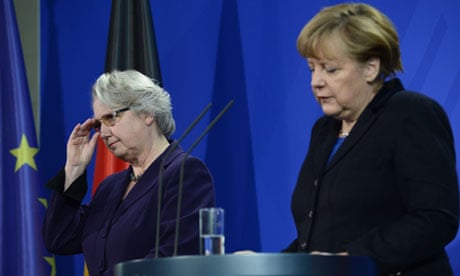 German chancellor Angela Merkel announces the resignation of education minister Annette Schavan