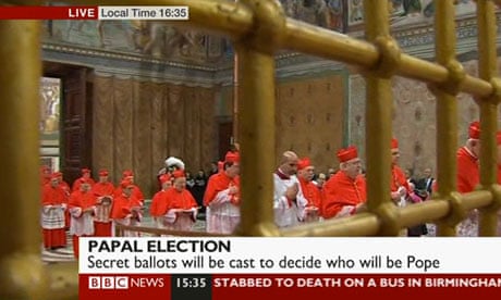 Cardinals walk into the Sistine Chapel to elect a new pope on 12 March 2013.